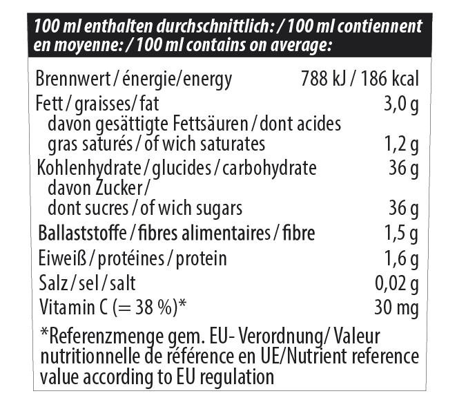 Nährwerttabelle von hübner Eisenvital pro 100ml