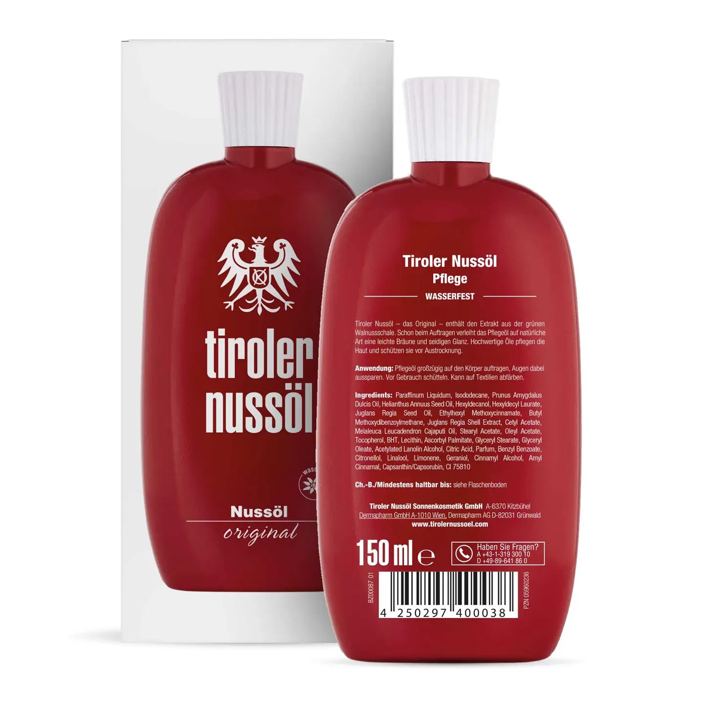  Tiroler Nussöl Original Sonnenöl – Packshot Rückansicht und Verpackung Vorderansicht