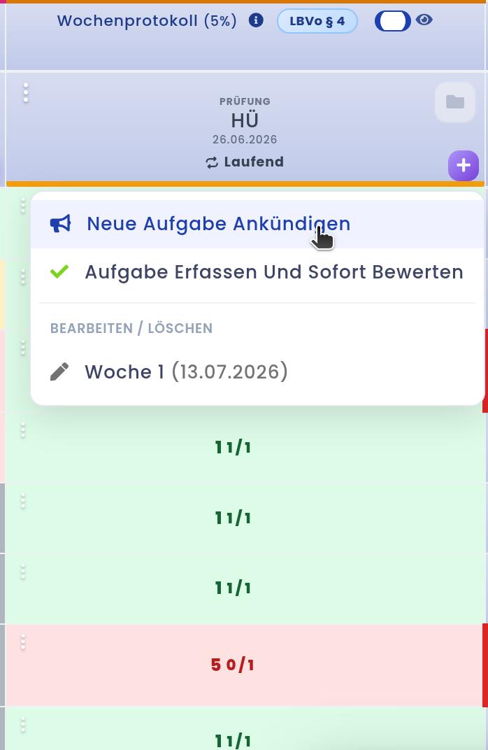 Wiederkehrende Aufgaben bewerten: Hausübungen & Wochenprotokoll mit wachsendem Maximum
