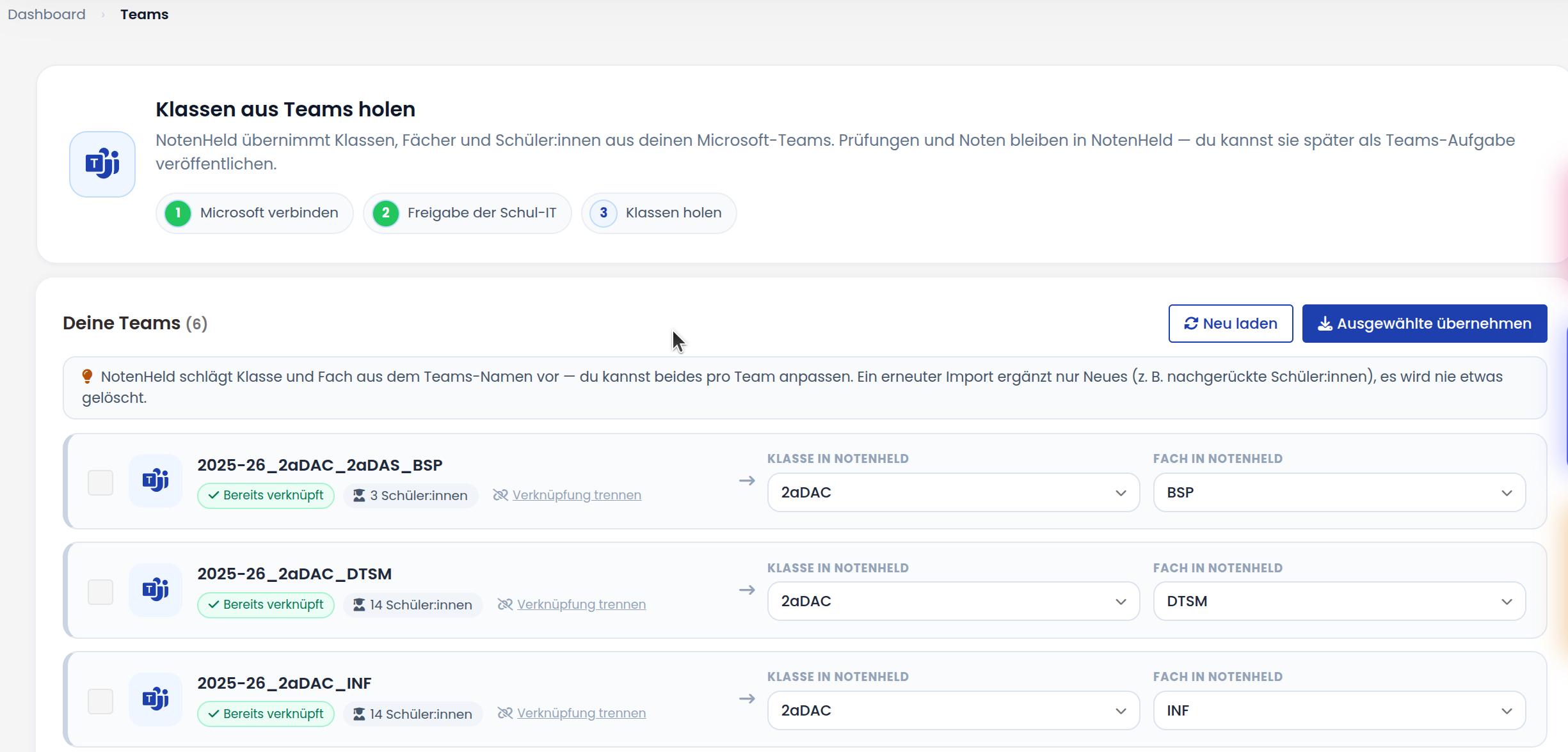 Notenheld Microsoft Teams Integration – Klassen und Kanäle zuordnen