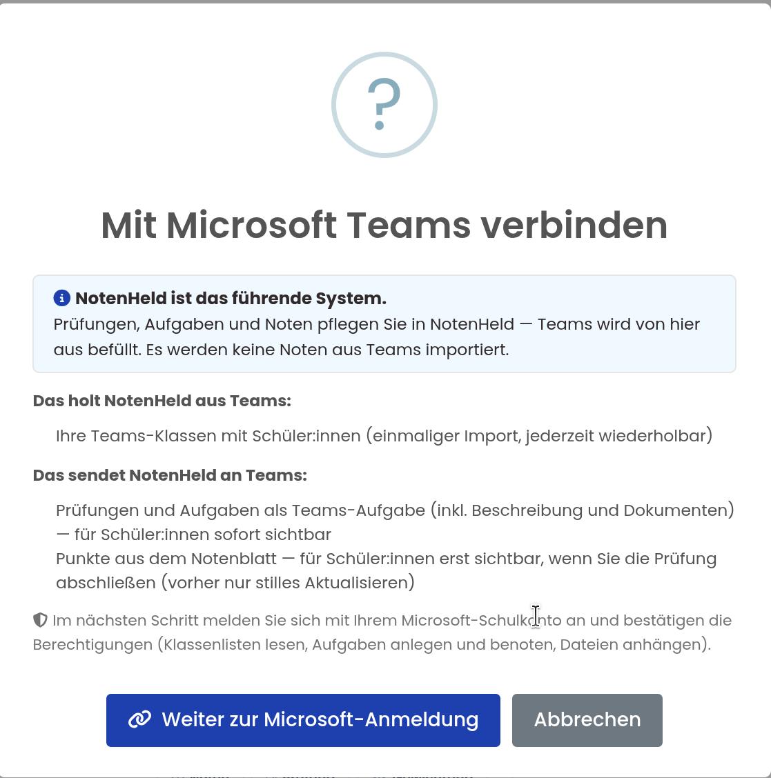 Notenheld Microsoft Teams Integration – Sync-Einstellungen