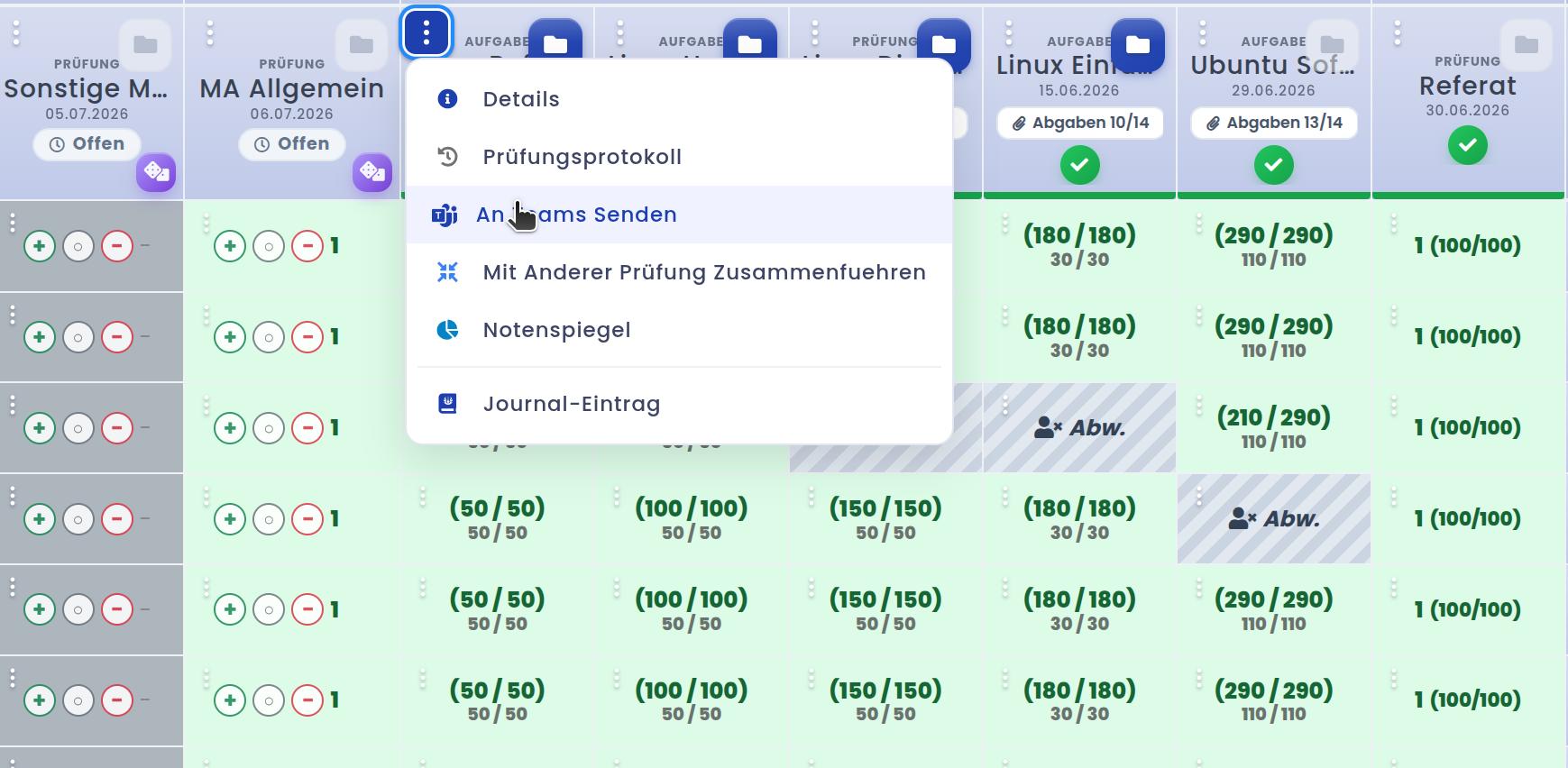 Prüfungen nach Microsoft Teams veröffentlichen
