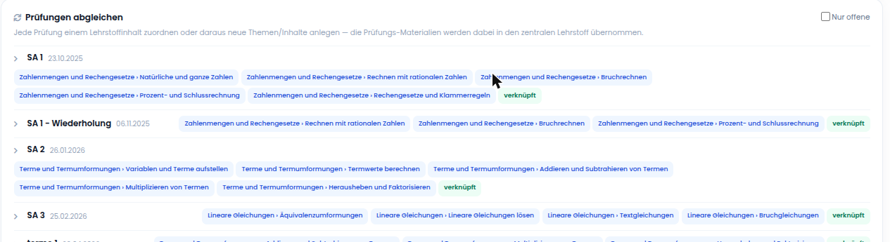 Liste der Schularbeiten mit den jeweils zugeordneten Lehrstoffinhalten und Verknüpfungsstatus