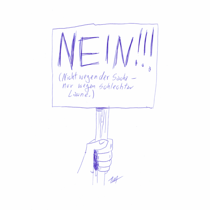 Auf der Zeichnung ist eine Hand zu sehen, die ein Schild hoch hält. Auf dem Schild steht in Großbuchstaben geschrieben: 