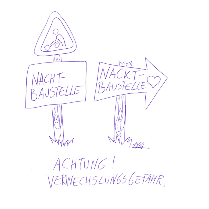 Die Zeichnung zeigt zwei Schilder. Auf dem einen steht 