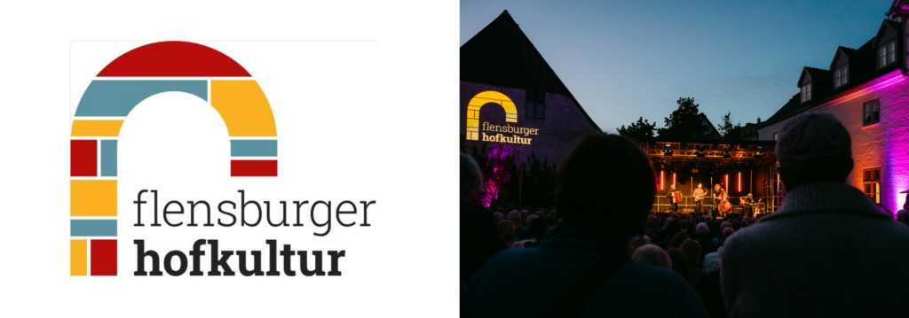 Das Bild zeigt das neue Flensburger Hofkultur-Logo, einmal als Grafik und einmal leuchtend in Szene gesetzt bei einem Konzert.