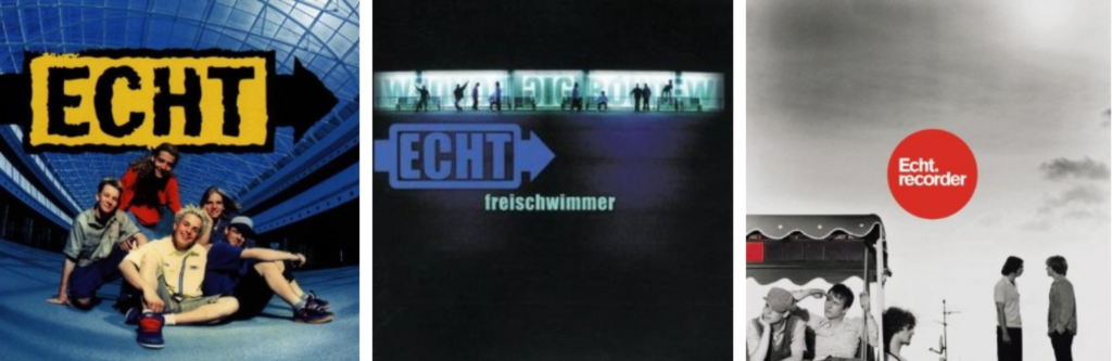 Das Bild zeigt die drei Cover der ECHT-Alben: ECHT (Oktober 1998), Freischwimmer (September 1999) und Recorder (Oktober 2001).