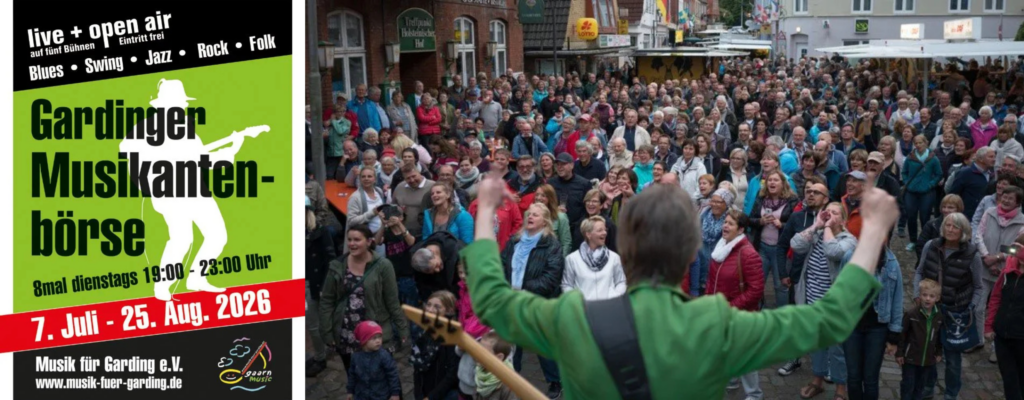 Abgebildet sind das Plakat der Gardinger Musikantenbörse 2026 und ein Foto des Events.