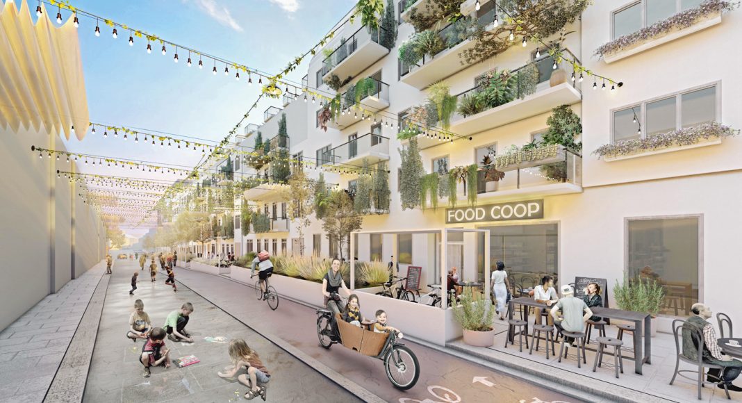 Städtisches Leben im urbanen Block: Zukunftsszenario des Straßenraums mit geteilten Erdgeschoßnutzungen. Rendering: Renderei.at/Studio Mannerhatten. Foto: tatwort