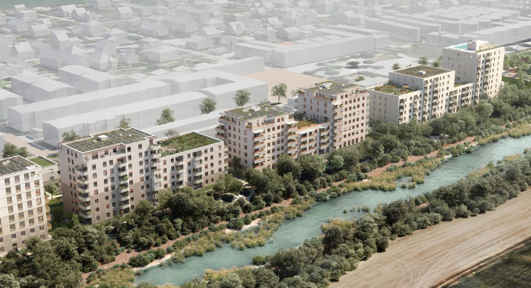 Quartier Berresgasse 7, Wien-Donaustadt: Die Wohnhausanlage von Wien-Süd ist Teil eines großmaßstäblichen Stadtentwicklungsgebiets mit quartiersübergreifend gedachten Gemeinschaftsräumen. Visualisierung: Schreinerkastler/Wien-Süd